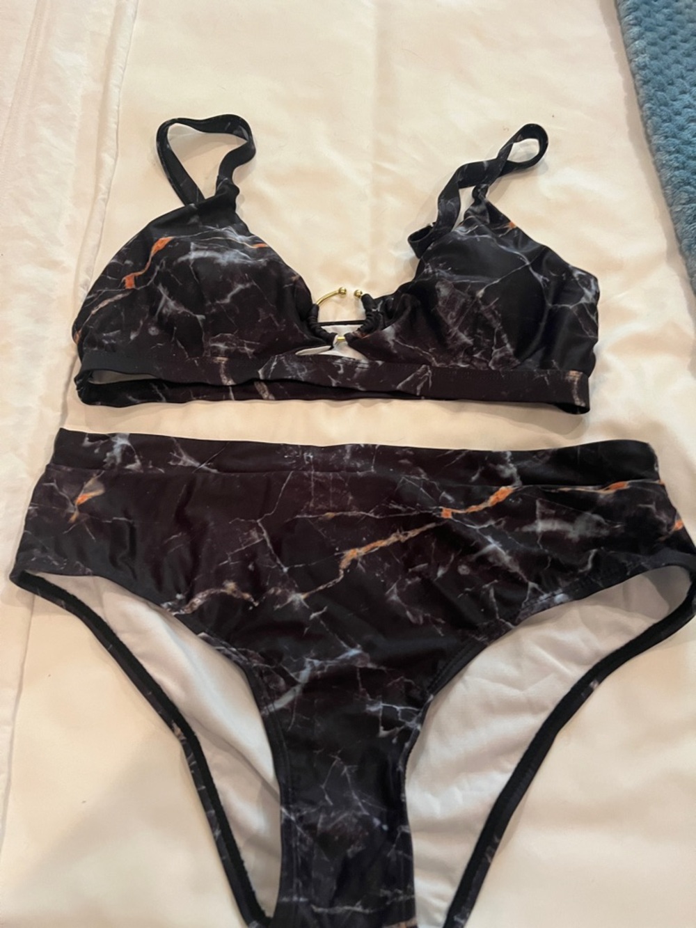 Black Marble Print Bikini Set with Gold Accent